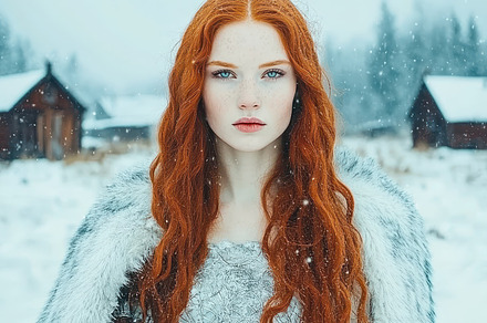 Close-up portrait of a red-haired woman with intense blue eyes, wearing a fur s, a Person Photo by Mashimara