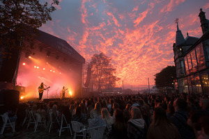 Live music festival concert at sunset with a large crowd watching a band perfor, a Photo by AS photostudio