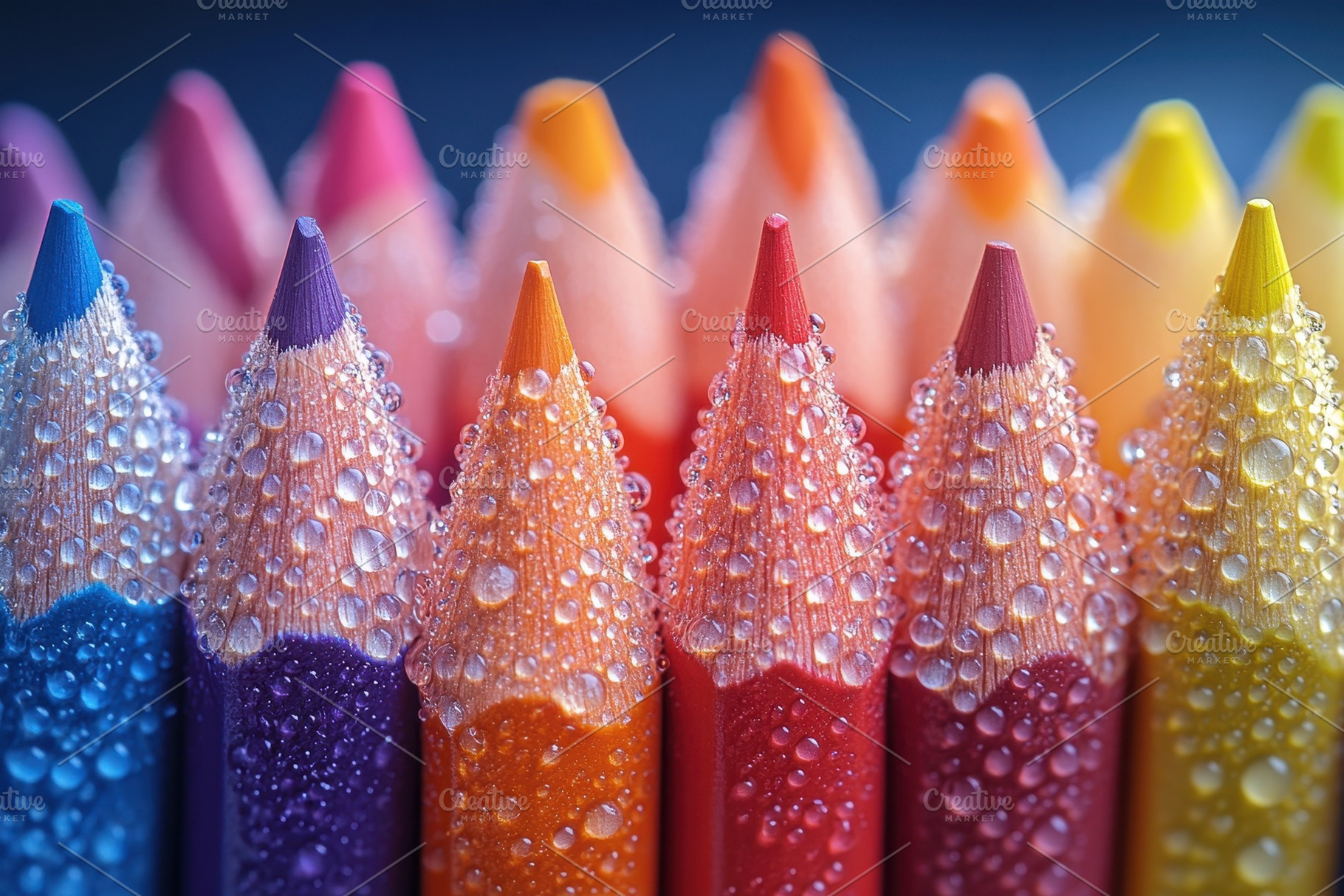Colorful crayons lined up with dropl, a Photo by Tanuart