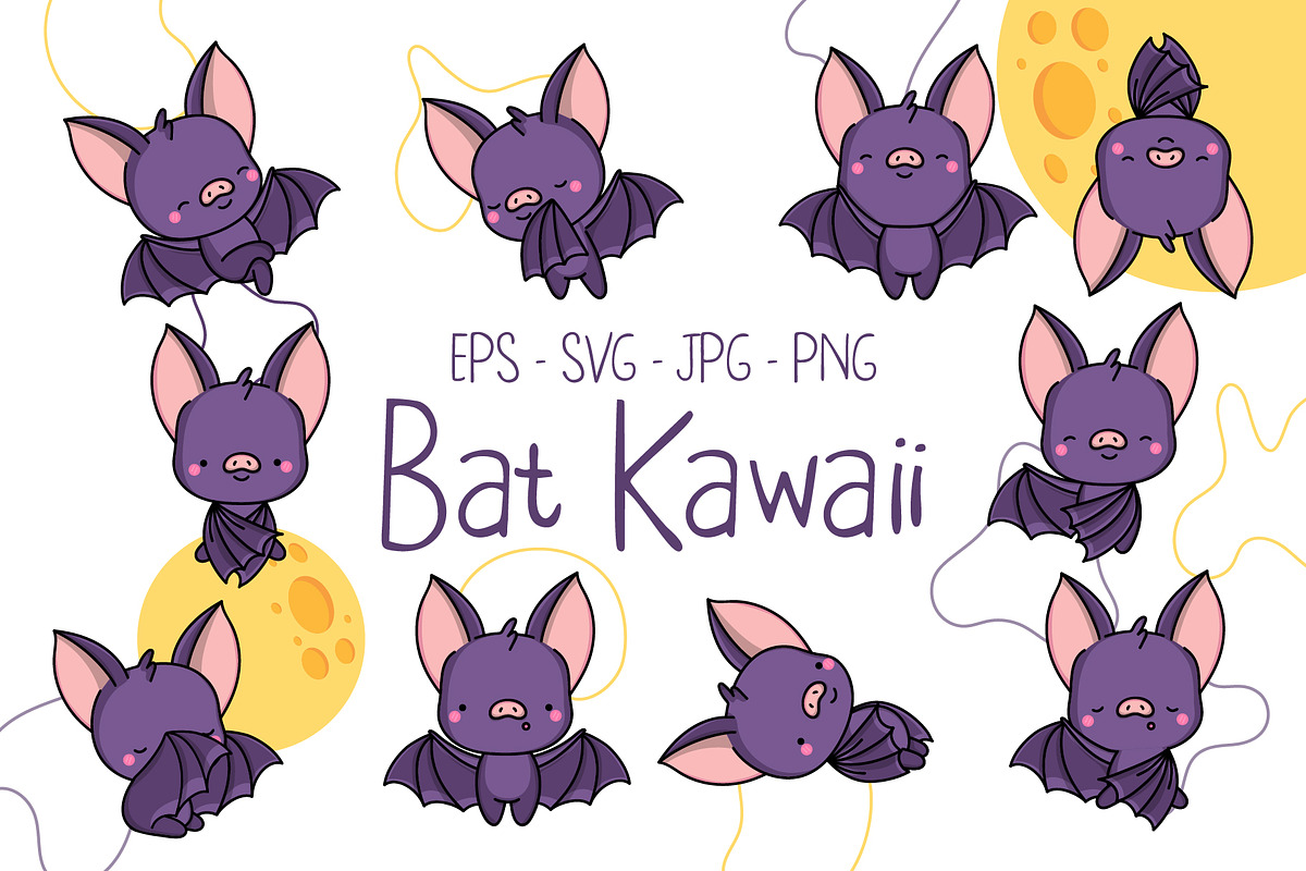 Set of Cute Kawaii Bat Illustrations, an Animal Illustration by ArtVarStudio (Photo 1 of 3)