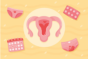 five female menstruation icons, a Healthcare Illustration by studiogstock