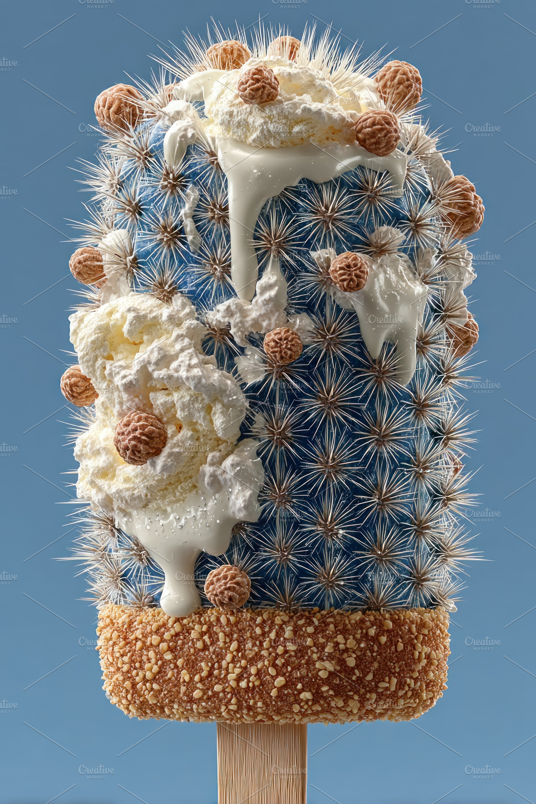 Surreal cactus shaped like ice cream popsicle with whipped cream, a Photo by José Manuel Gelpi