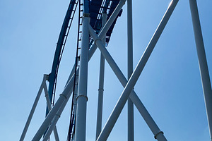 Blue roller coaster twists and climbs at Cedar Point , Ohio amusement park in b, a Photo by AS photostudio