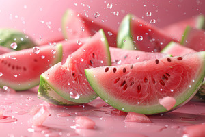 Refreshing Slices of Juicy Watermelon Falling Against a Pink Background with Sp, a Photo by AS photostudio