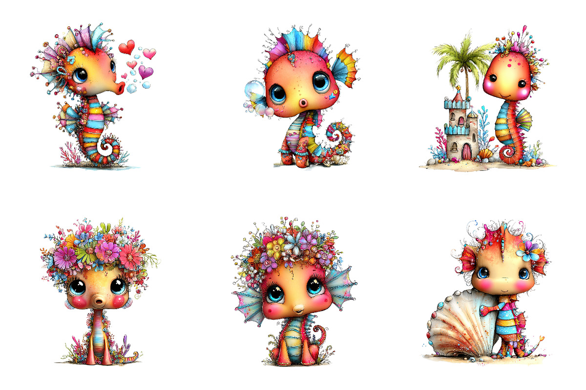 Whimsical Summer Seahorse Clipart, an Illustration by CreationArt (Photo 3 of 7)