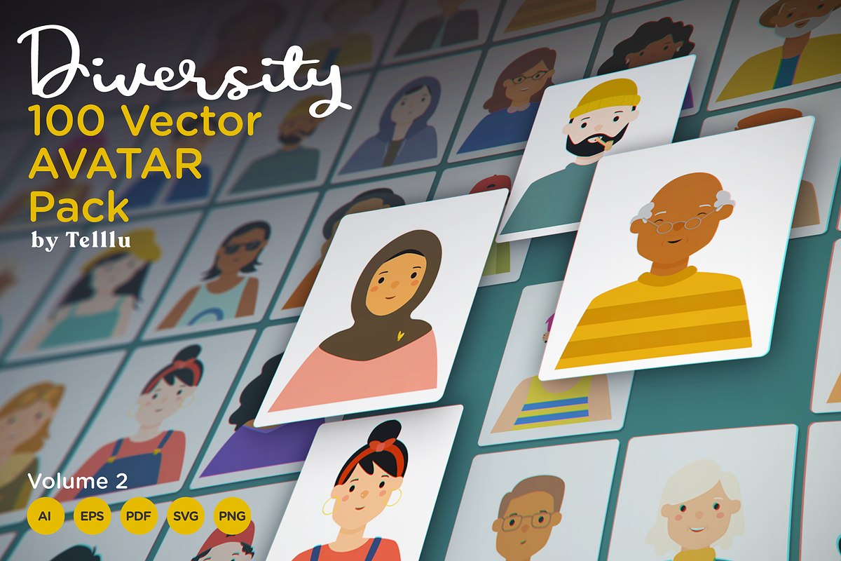 Diversity 100 Vector Avatar Pack V2, an Illustration by Telllu & Friends (Photo 1 of 4)