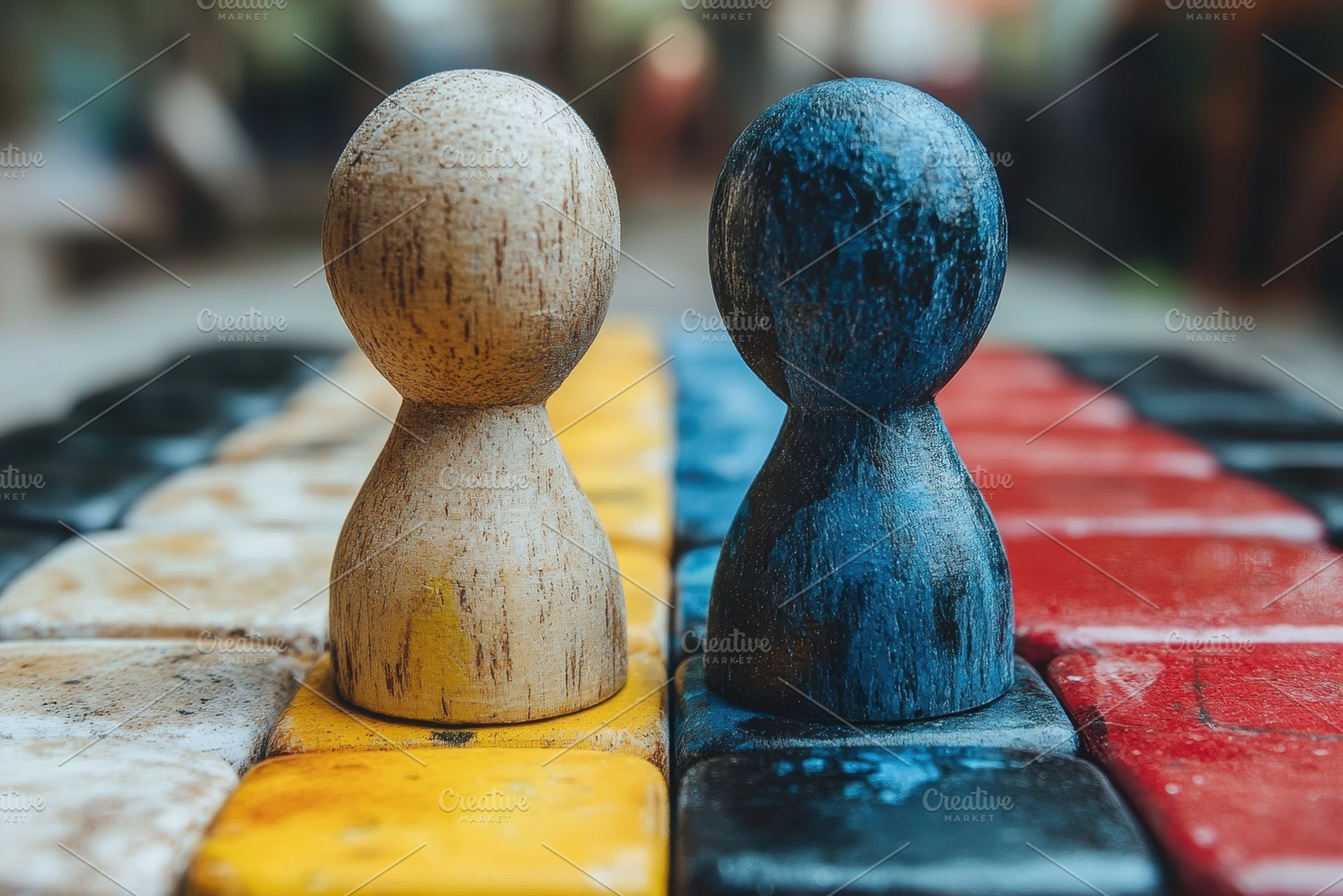 Two wooden game pieces positioned on, a Photo by Tanuart
