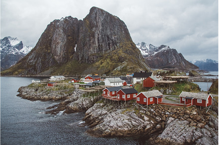 Norway rorbu houses and mountains