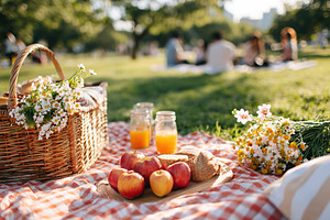 Picnic in a sunny city park with fruits, flowers, and cheerful gatherings on a, a Food & Drink Photo by AlyaAnd