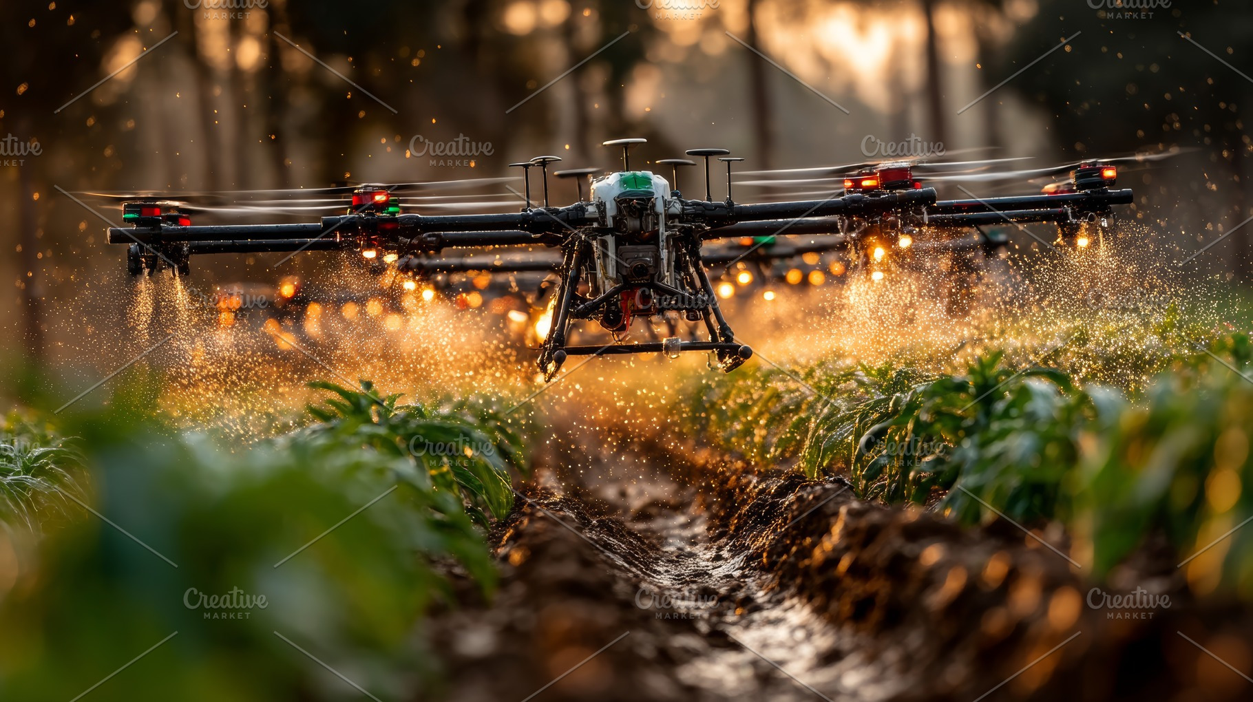 Agricultural drone spraying crops in a field during golden hour light, a Photo by AS photostudio