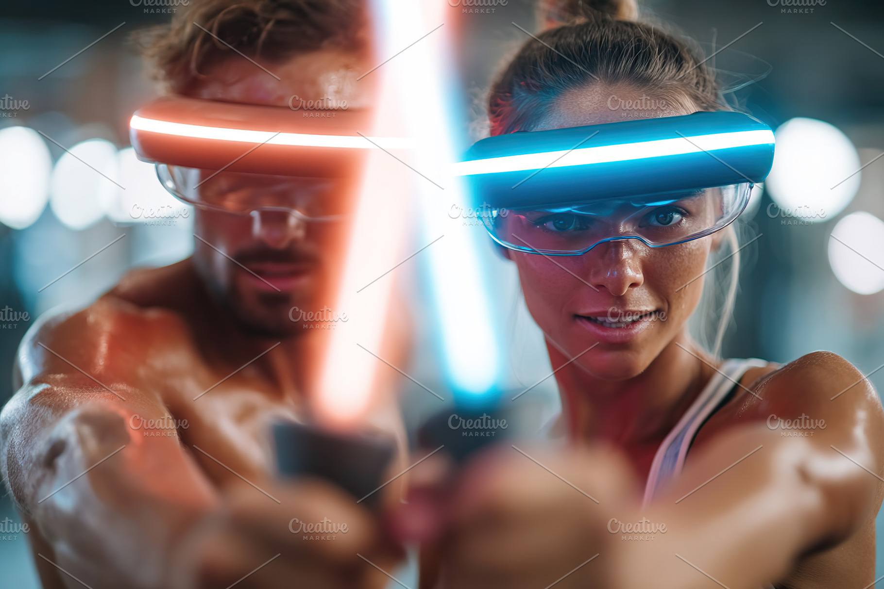 Sword-fighting workout in virtual reality with participants wearing headsets, a Photo by AlyaAnd