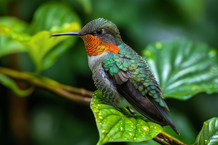 Close-Up of Male Ruby-Throated Hummingbird Perched on Leaf in Lush Greenery, a Photo by AS photostudio