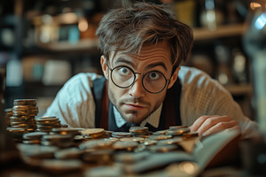 A young man accountant with glasses looks intently at the camera, surrounded by, a Person Photo by Textures & Backgrounds
