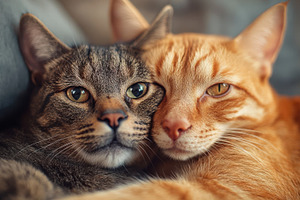 Two feline friends snuggle together,, an Animal Photo by Pixeness Studio