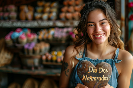 Happy Woman Celebrating Dia Dos Namorados in a Rustic Bakery, an Illustration by AS photostudio