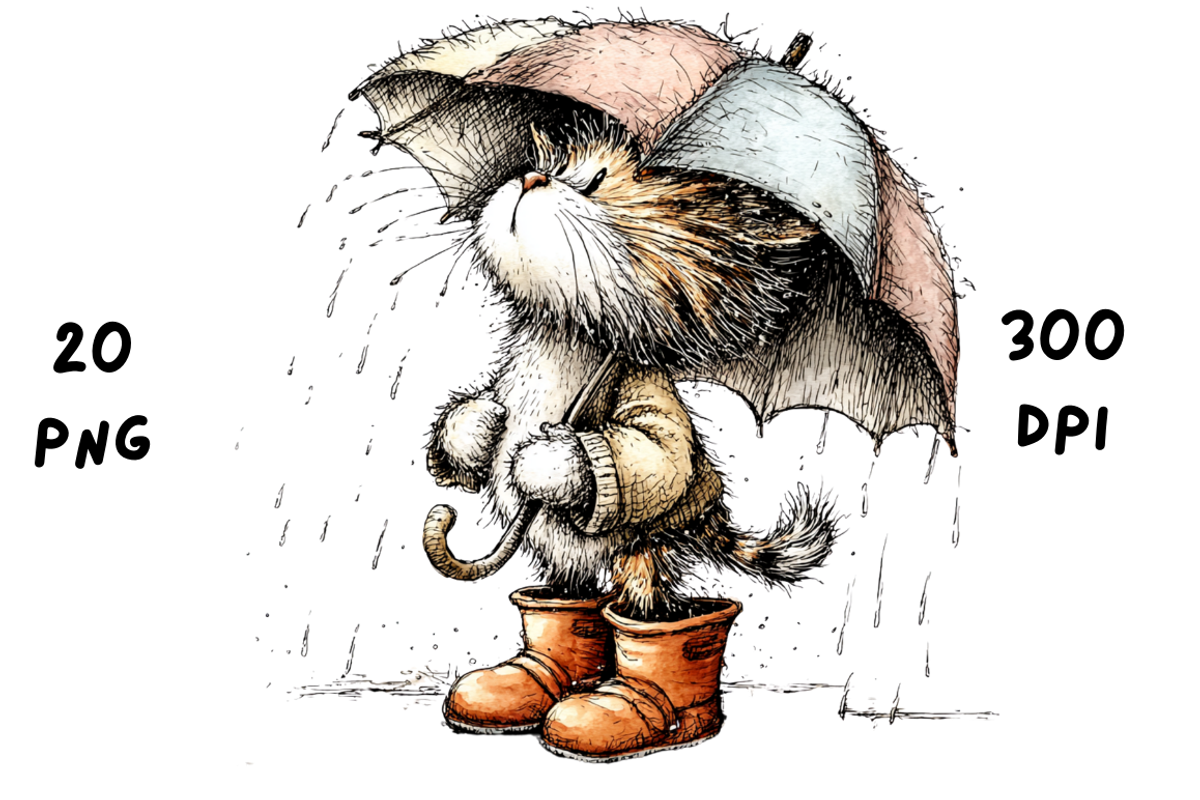 Whimsical Funny Rainy Cat Clipart, an Animal Illustration by GiraffeCreative (Photo 19 of 20)