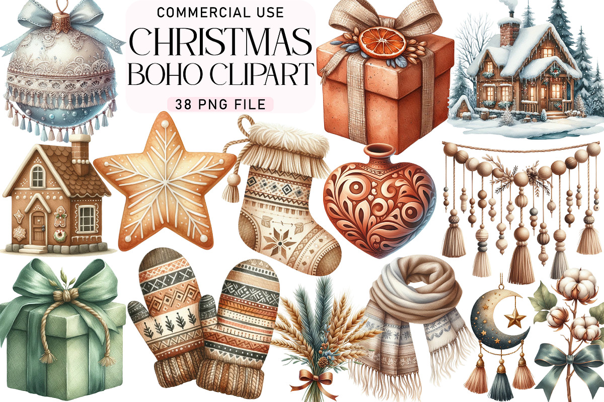 Boho Christmas Clipart Bundle, an Illustration by Daily.Designs (Photo 1 of 4)