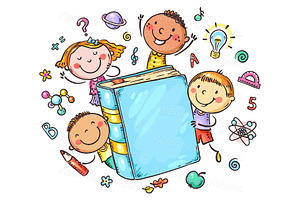 School kids with a big book, an Education Illustration by Bubert Art