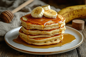 Fluffy pancakes topped with banana slices and drizzled in rich syrup on wooden, a Food & Drink Photo by AlyaAnd