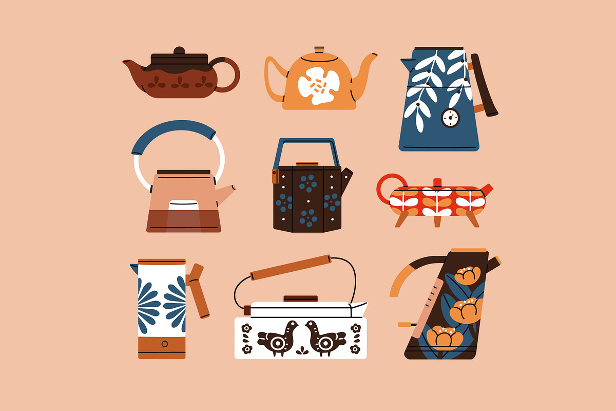 Teapots, kettles set + patterns, an Object Illustration by PaperTrident
