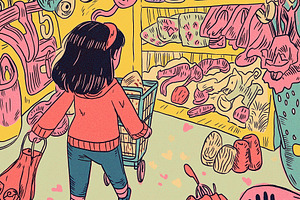 A girl with a shopping cart shopping, a Person Illustration by Sybillla