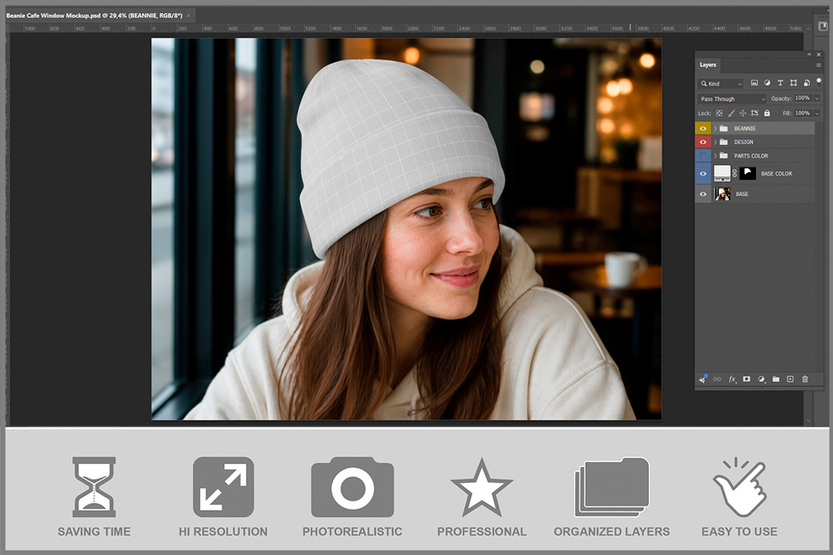 Beanie Cafe Window Mockup PSD, a Hat Mockup by Bruno's Shop (Photo 2 of 3)