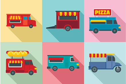 Food truck icon set, flat style, a Transportation Illustration by Ylivdesign