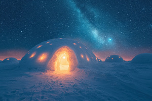 Snow domes glow softly under a star-, a Photo by Tanuart