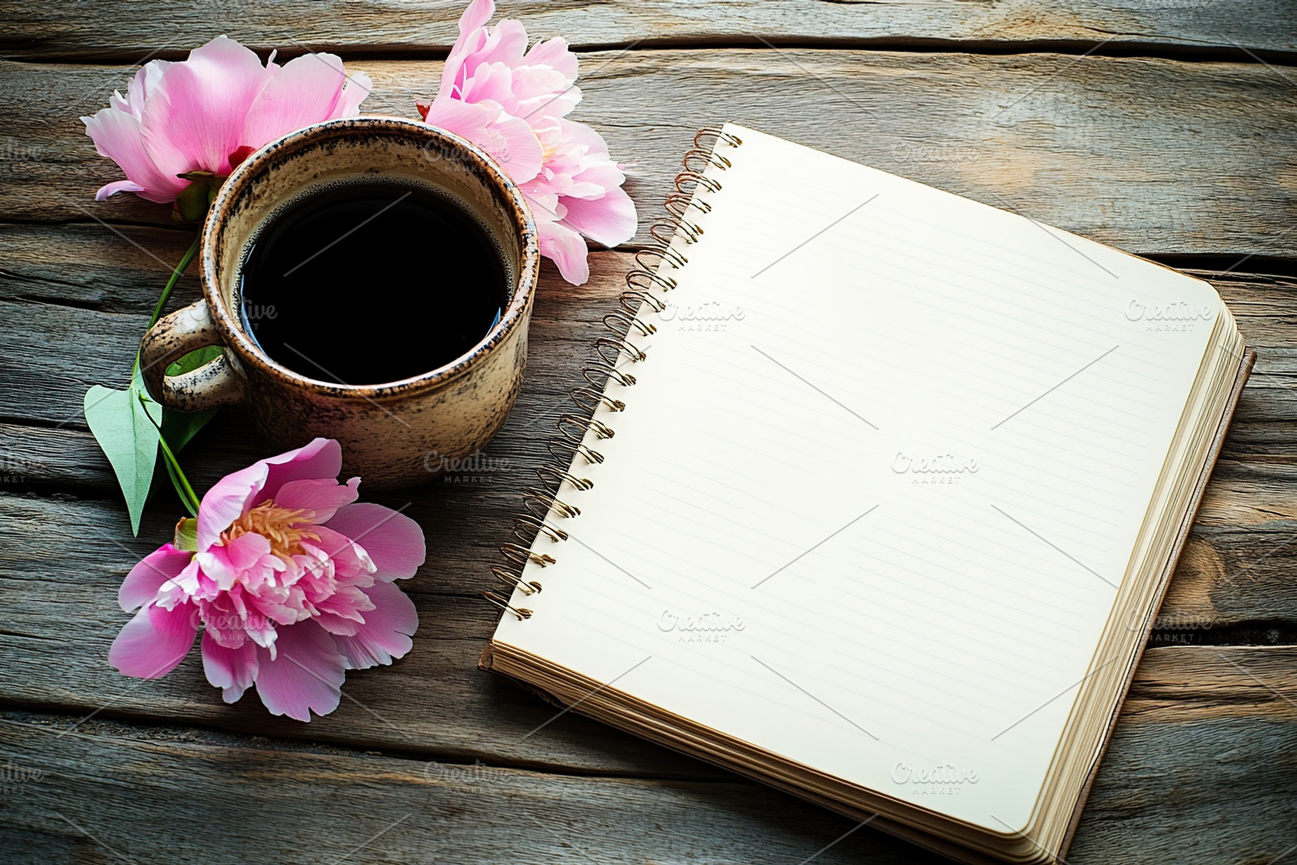 Notepad with cup of coffee on wooden table, a Food & Drink Photo by AlyaAnd