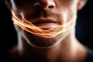 Close-up male mouth with glowing light streaks, a Person Photo by AlyaAnd