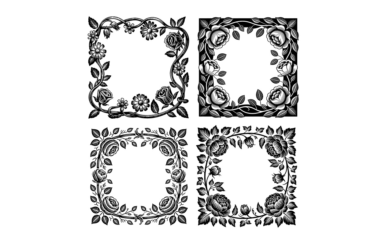 linocut floral frames, a Background Graphic by SketchArtStudio (Photo 3 of 3)