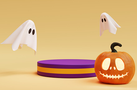 Halloween Jack O Lantern one stage podium for product presentation background., a Holiday Photo by Ministocker