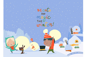 Children building Snowman Together, an Illustration by Maria Starus