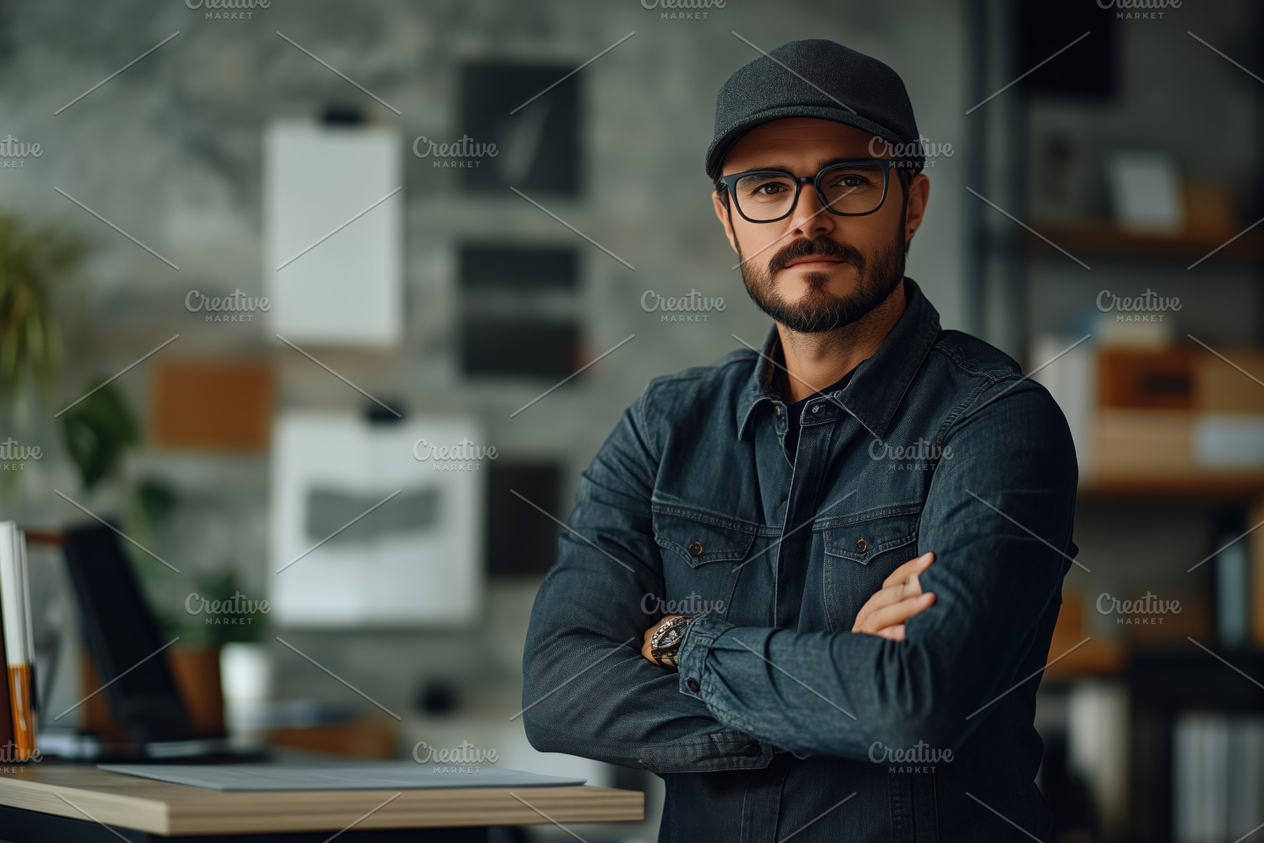 A stylish man AI Architect with a beard and glasses stands confidently with arm, a Person Photo by Textures & Backgrounds