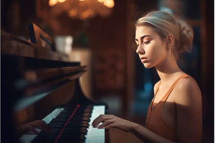 Pianist young woman at sun light, an Arts & Entertainment Photo by Ylivdesign