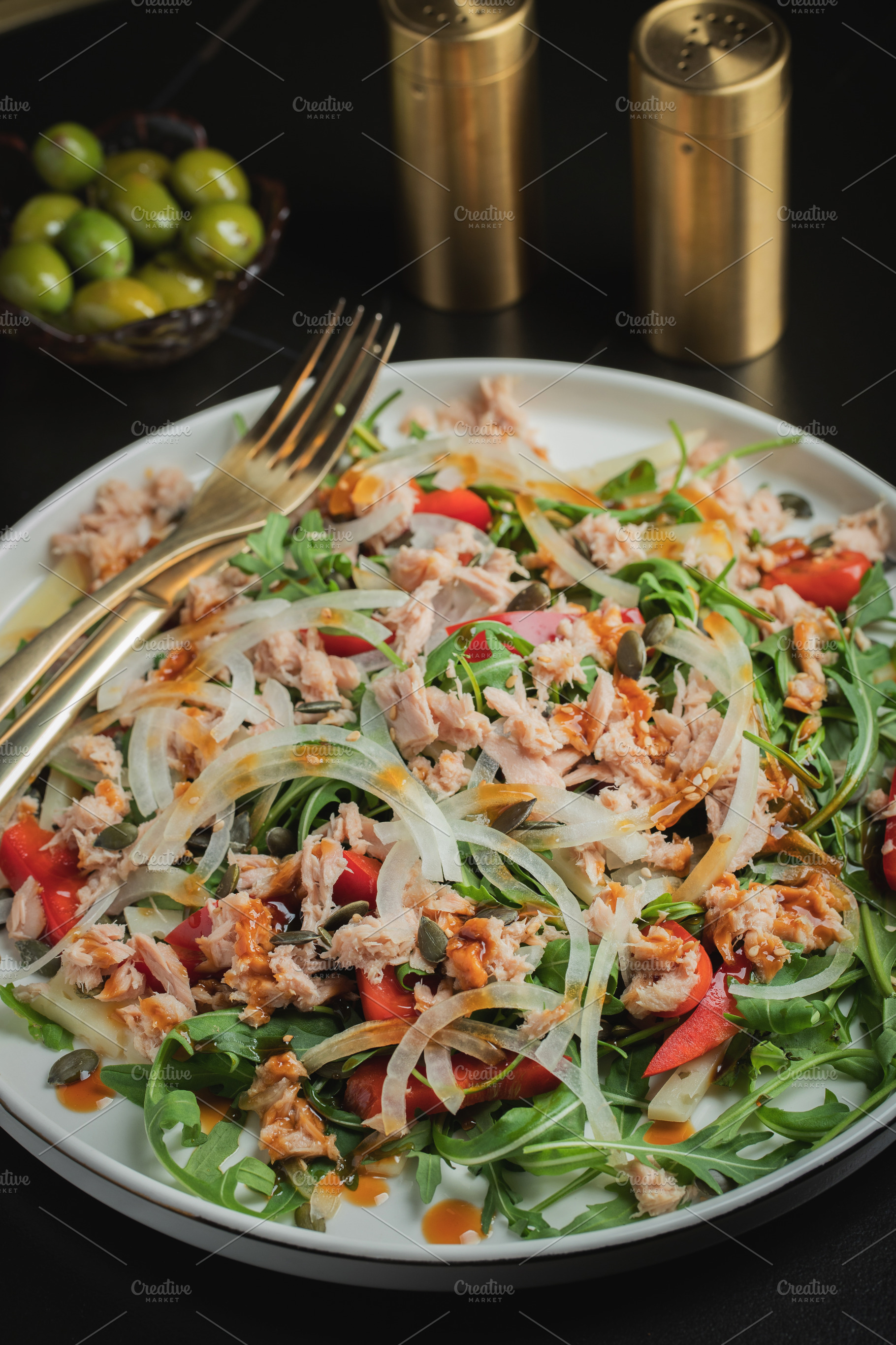 Fresh Tuna Salad with Onions and Cherry Tomatoes. Italian Mediterranean Cuisine, a Food & Drink Photo by Budarinphoto