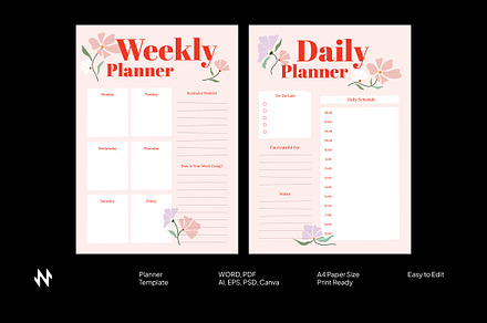 Floral Daily Weekly Planner, a Stationery Template by Neermana