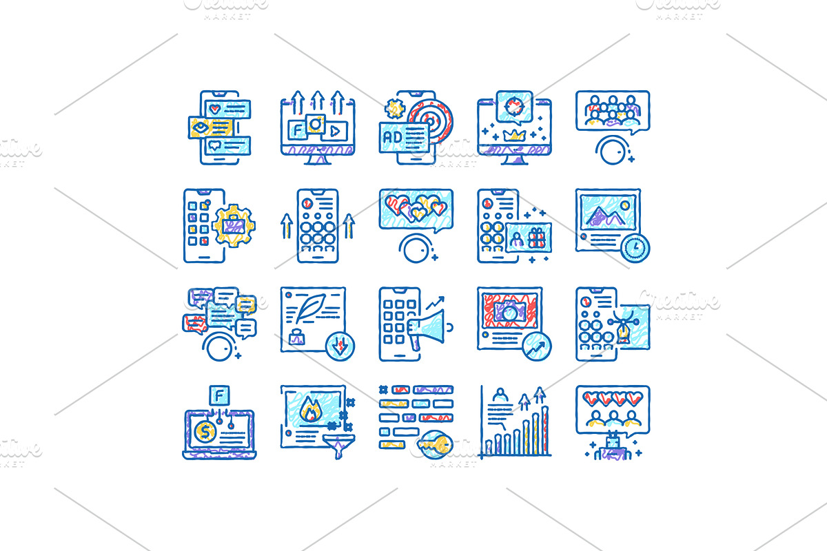 Smm Media Marketing set Icons hand, an Object Illustration by pikepicture