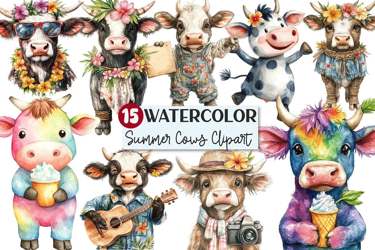 Tropical Hawaiian Summer Cow Clipart, an Illustration by Rose Art (Photo 1 of 7)