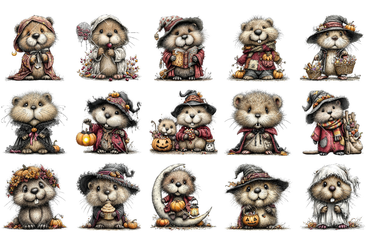 Watercolor Halloween Beaver Clipart, a Seasonal Illustration by OK Design (Photo 3 of 6)