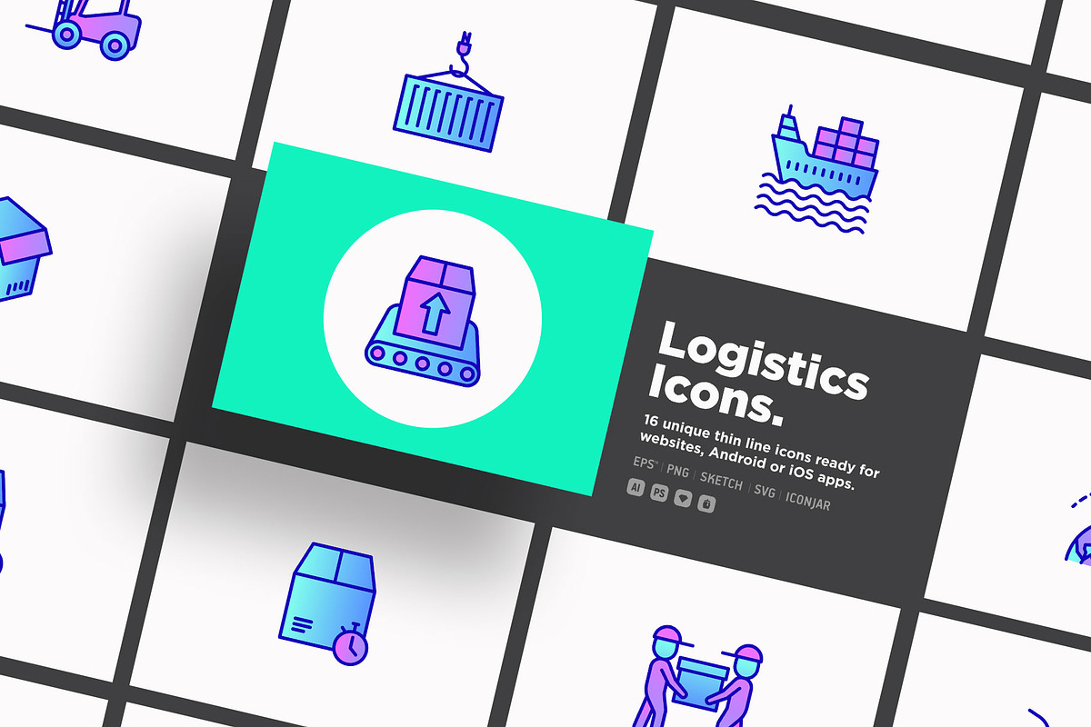 Logistics | 16 Thin Line Icons Set, an Outline Icon by Alex Blogoodf (Photo 1 of 12)