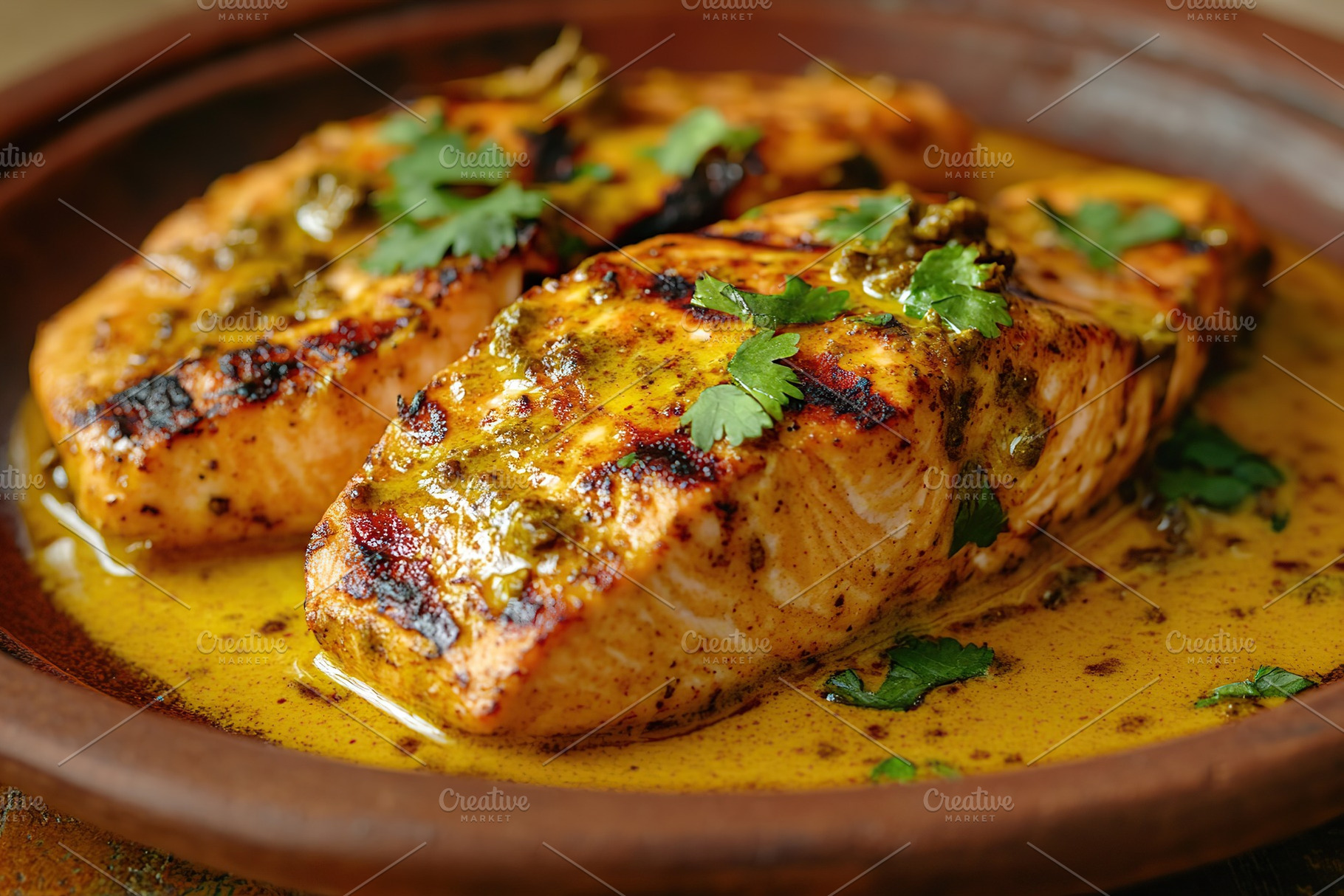 Savory grilled salmon fillets with spicy curry sauce on a rustic brown plate, a Food & Drink Photo by AlyaAnd