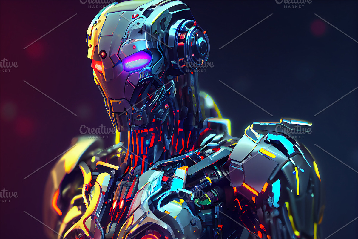 bright colorful cyborg, a Technology Illustration by Olyryk & Aglo