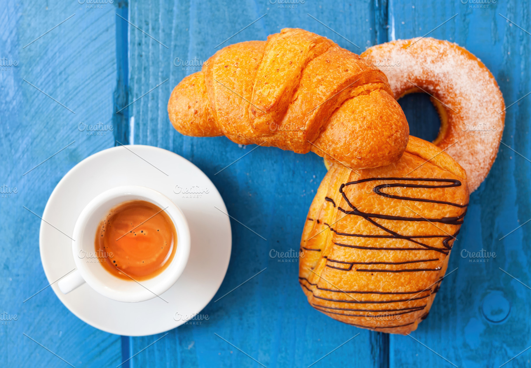 Delicious italian breakfast with espresso coffee, croissant, donut and saccotti, a Food & Drink Photo by Antonio Gravante Market
