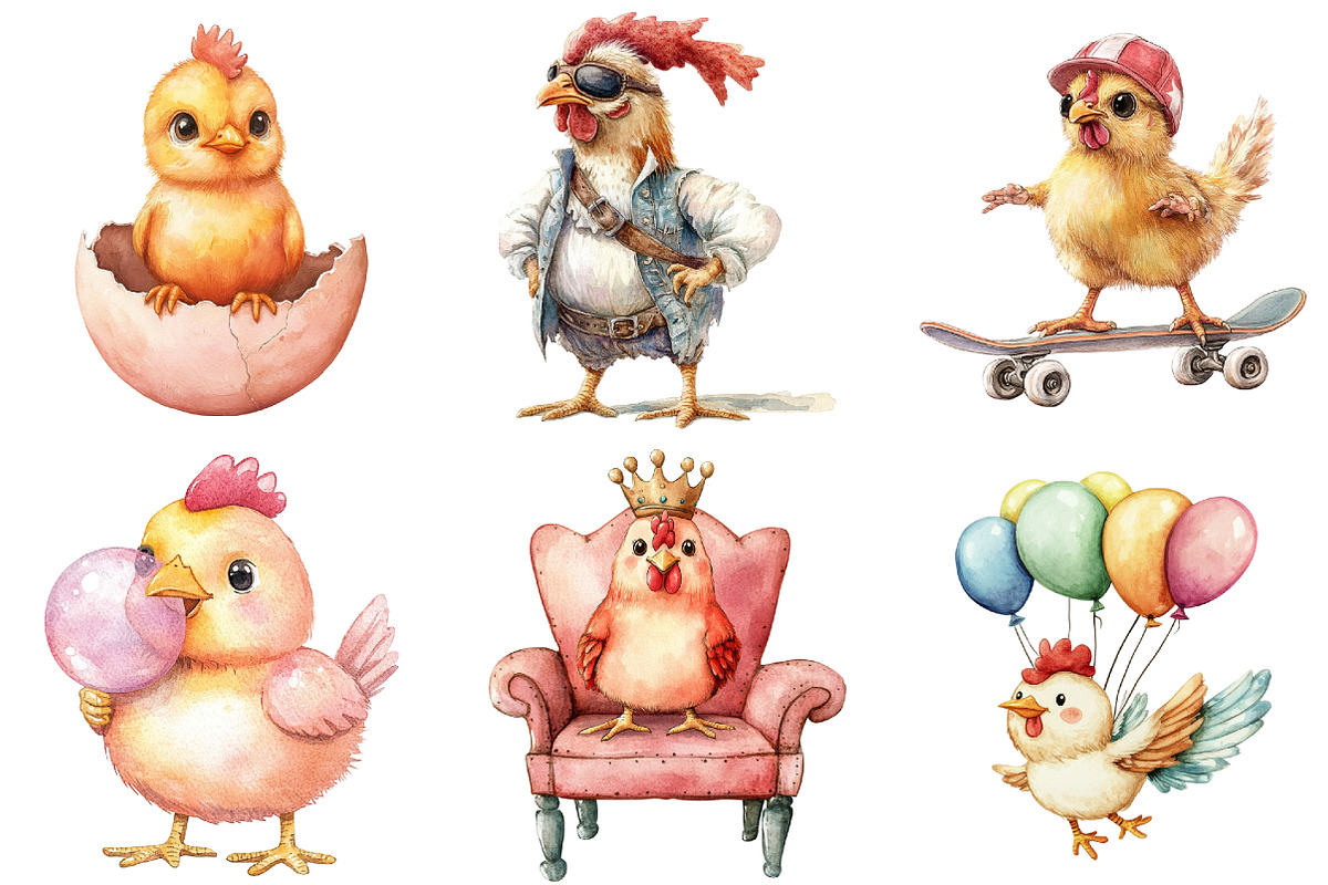 Funny Chicken Watercolor Clipart Bun, an Illustration by Watercolor design (Photo 5 of 5)