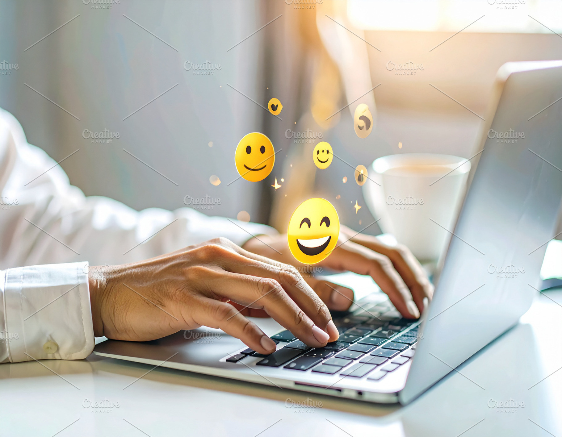 Hand on the keyboard and floating emoticons appear as holographi, a Technology Photo by DanFLCreativo