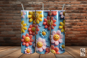 3D Smiley Flowers Seamless Patterns