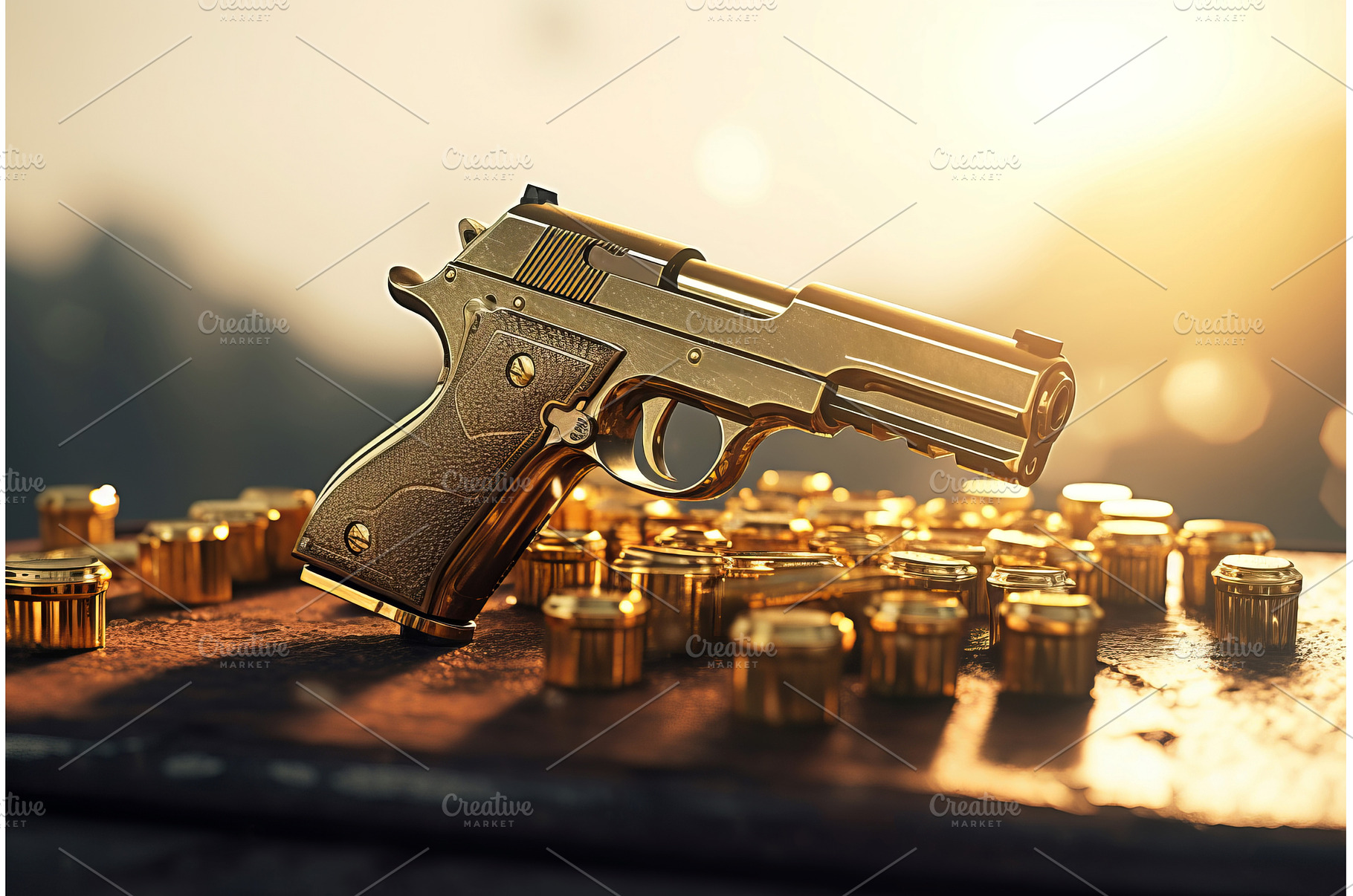 Golden pistol laying on gold blocks, an Industrial Photo by Ylivdesign