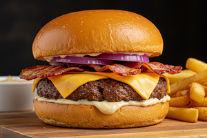 Close-up of a bacon cheeseburger wit, a Food & Drink Photo by professorinc