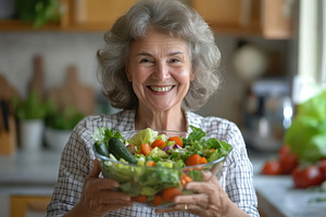 Aged woman smiling in a kitchen, a Photo by Pavel_design